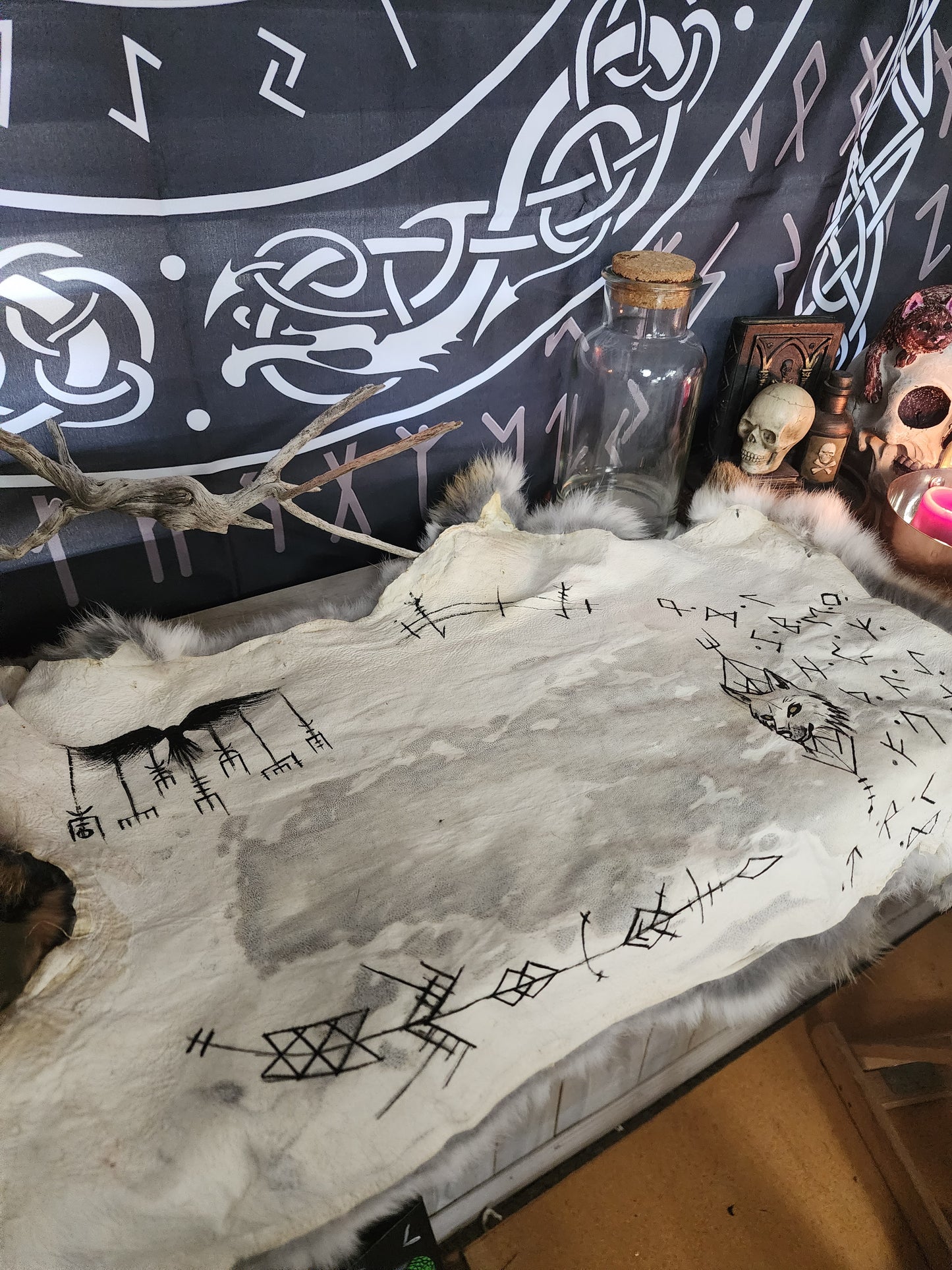 Wolf and raven rabbit hide Altar Cloth