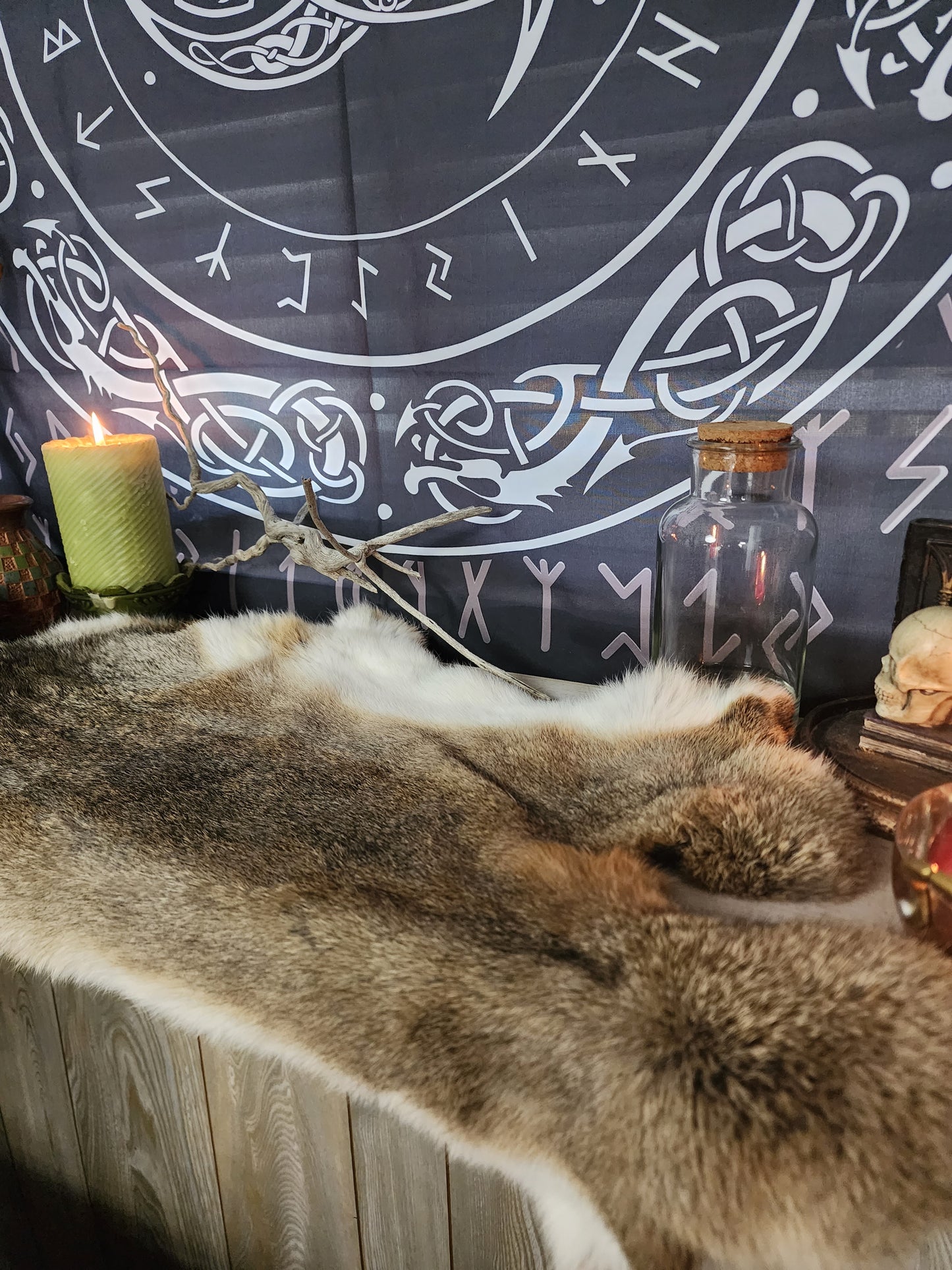 Wolf and raven rabbit hide Altar Cloth